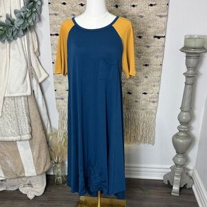 NWT lularoe carly Colorblock Blue and Yellow high low tshirt Dress size M